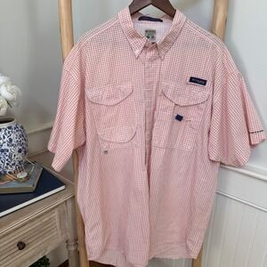 Columbia PFG Super Bonehead Mens XL Orange Gingham Fishing Shirt Short Slv